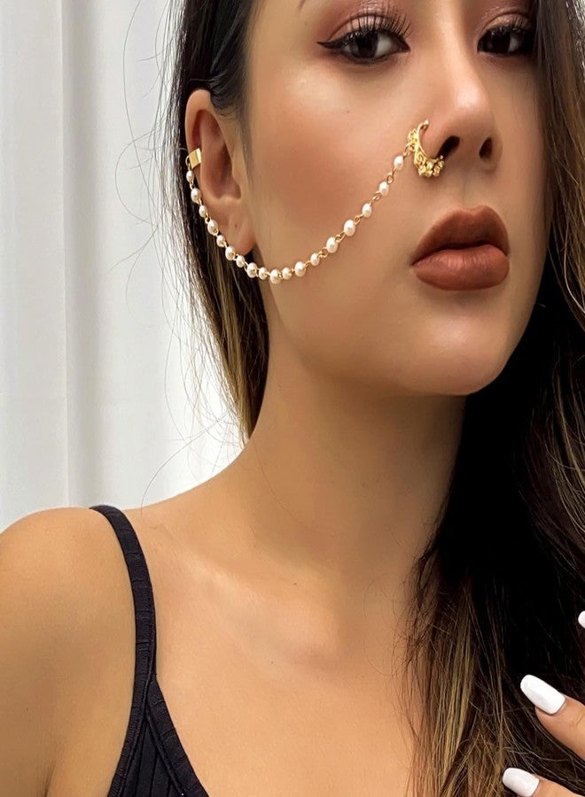 WZNBBOY Punk Pearl Tassel Beaded Nose Hoop with Chain to Ear Cuff Non Piercing Septum Ring Dangle Chain for Women - Image 3